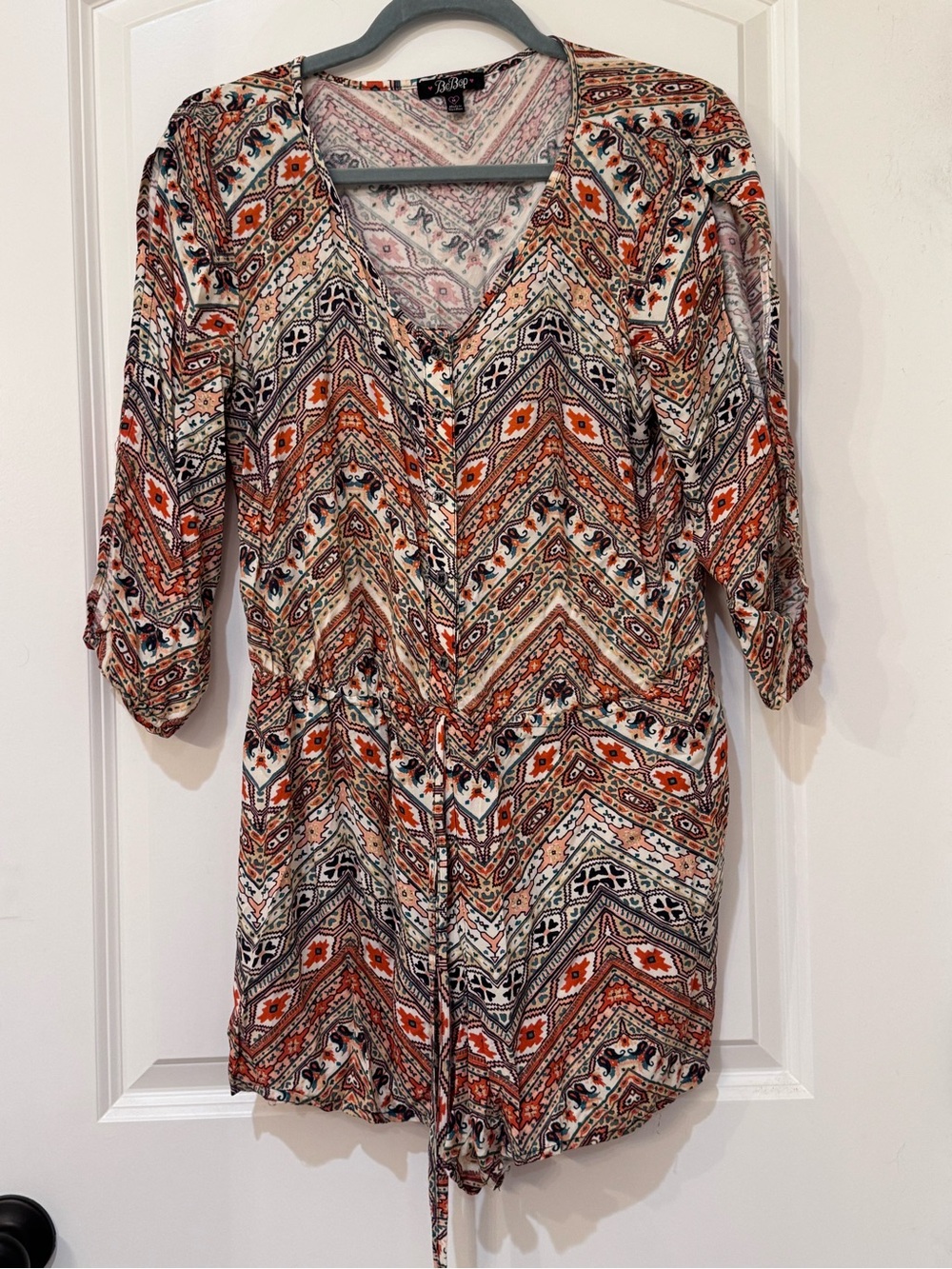 Cato Boho Print V-Neck Drawstring Women’s Romper - Orange Multi